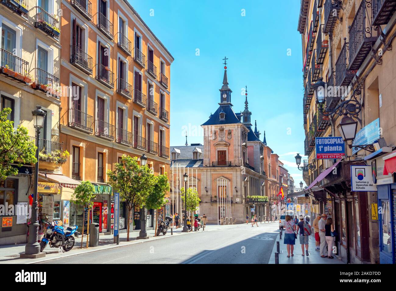 Calle Mayor street and view of old Town Hall on square Plaza de la Villa in downtown. Madrid, Spain Stock Photo