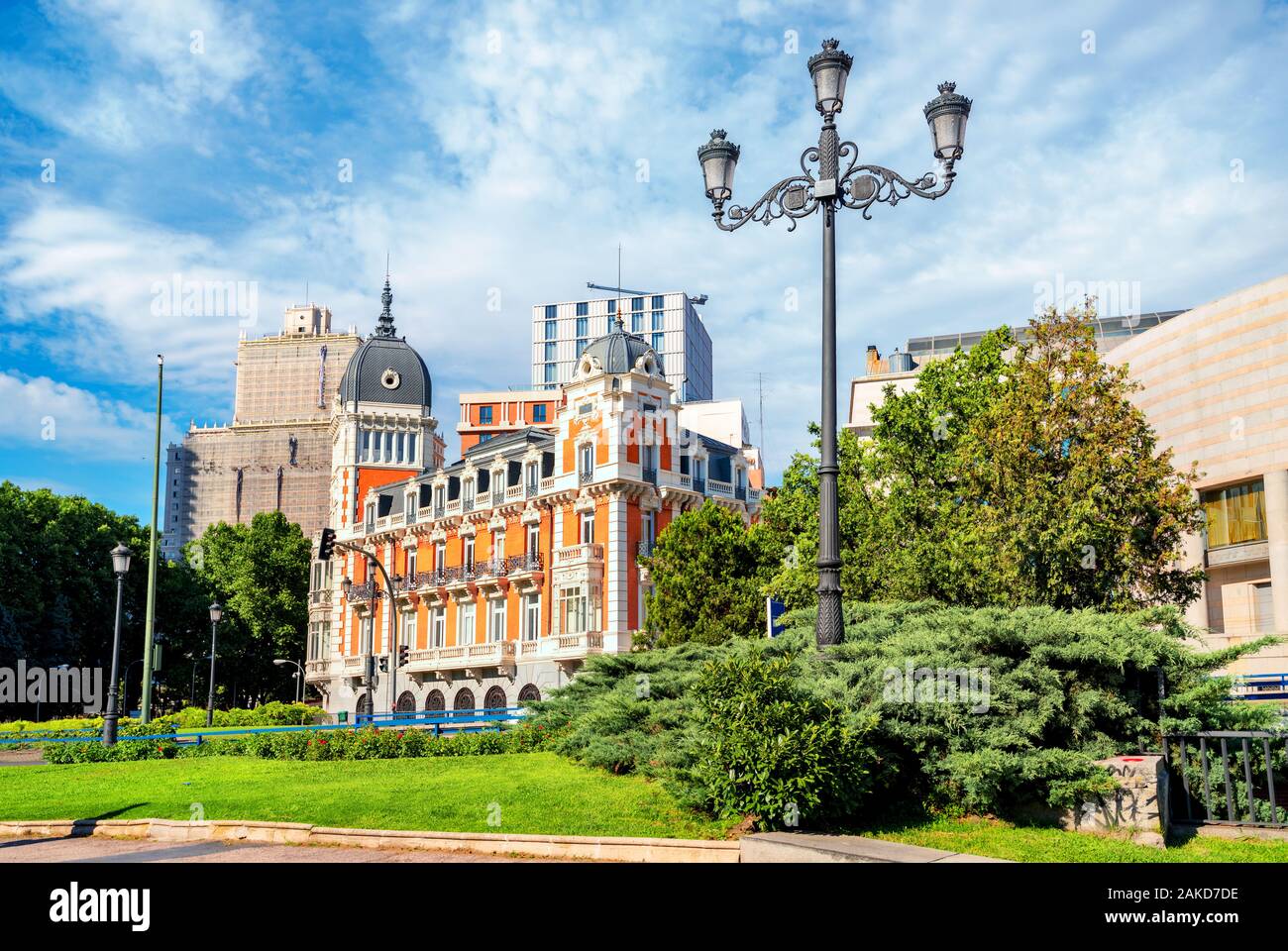 View of historic building (Real Compania Asturians de Minas) in Plaza de Espana. Madrid, Spain Stock Photo