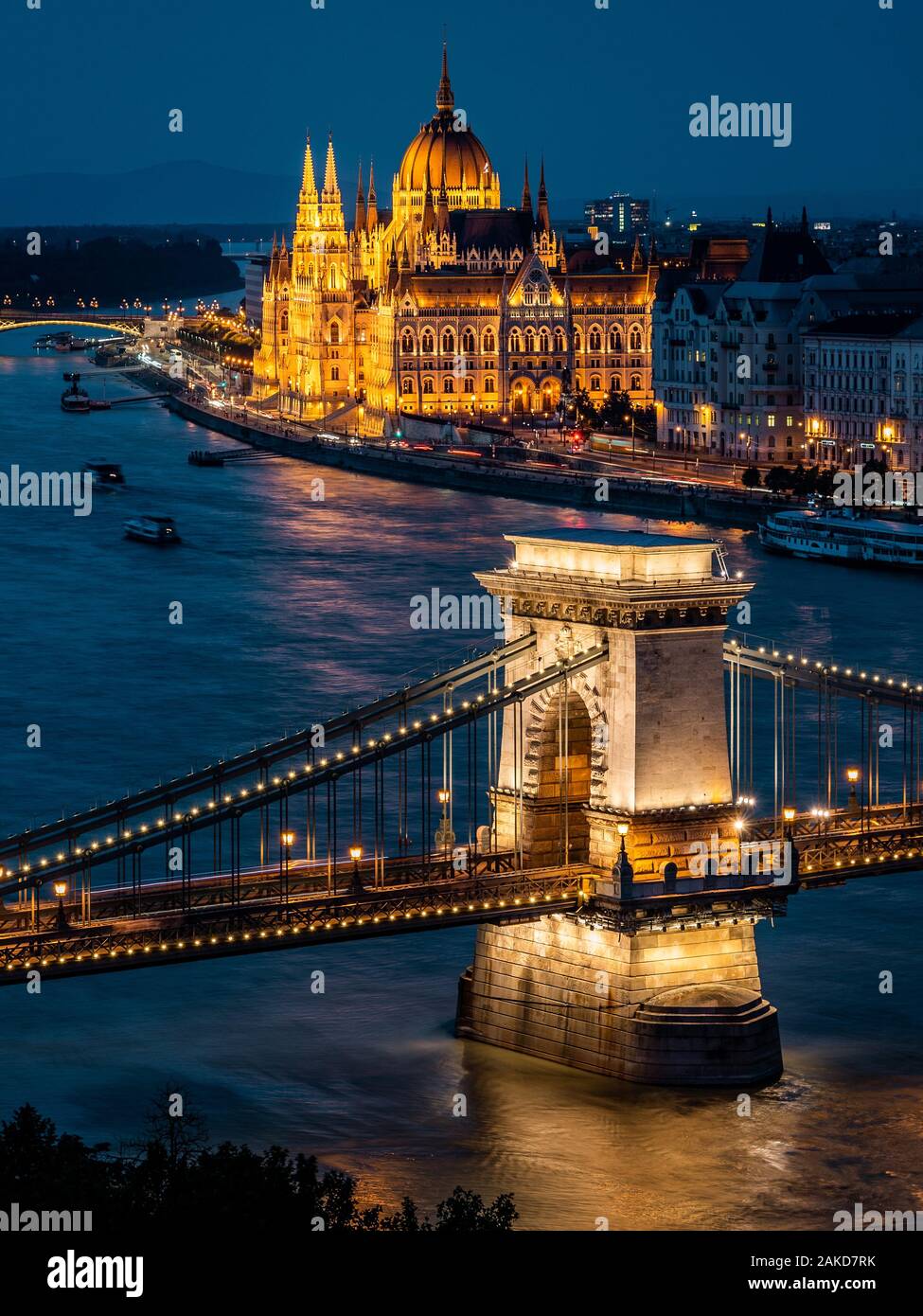 Budapest, Hungary, view of the Hungarian Parliament building and Szechenyi Chain Bridge over the Danube river at dusk. Stock Photo