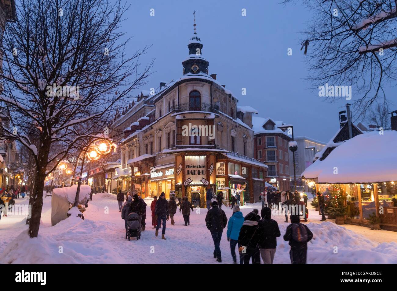 People walking the Krupowki street in winter. Zakopane, Poland, Europe Stock Photo