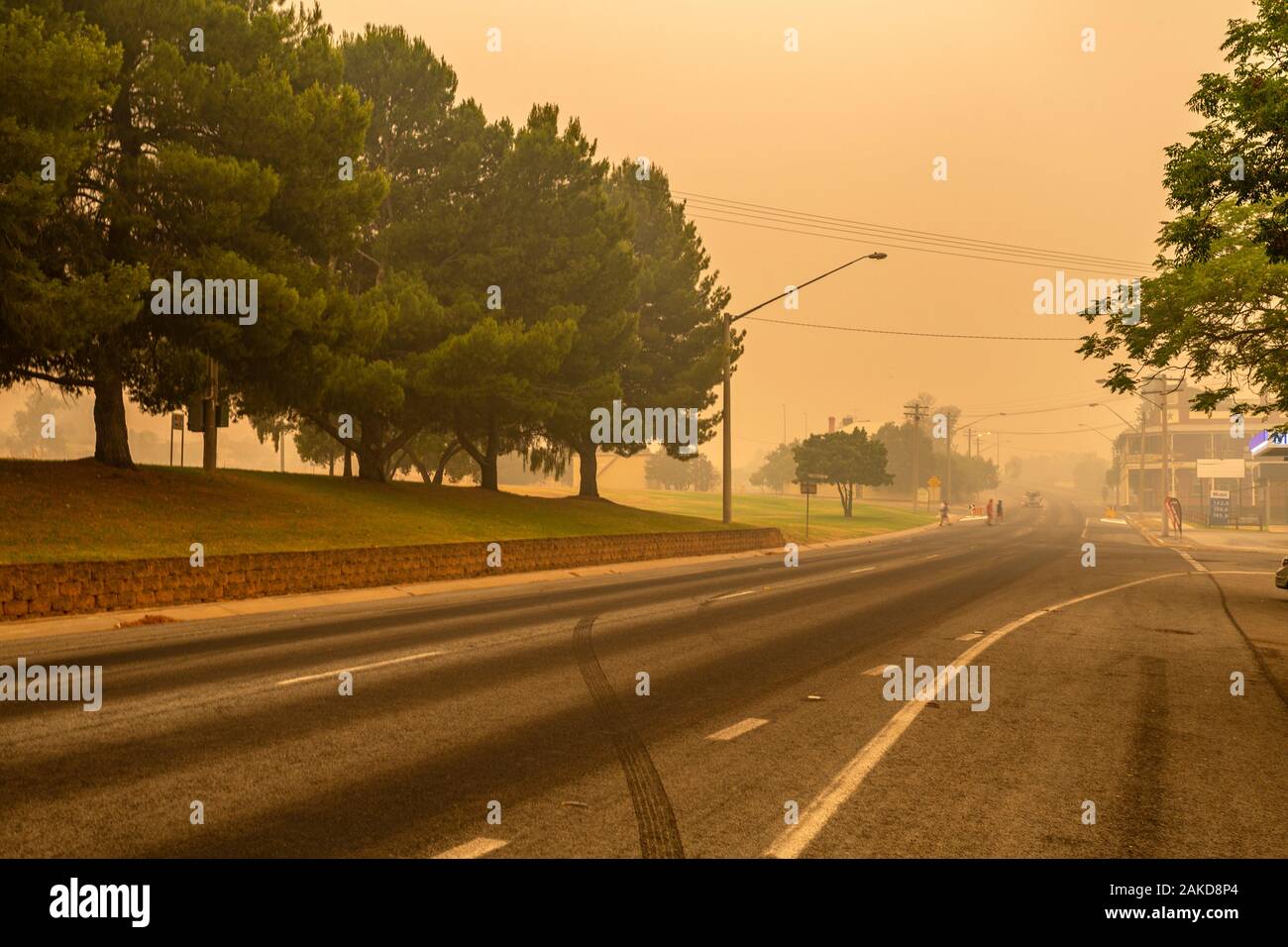 View of the town of Narrandera in New South Wales covered by thick smoke from the bushfires some 300 km away near Canberra. Stock Photo