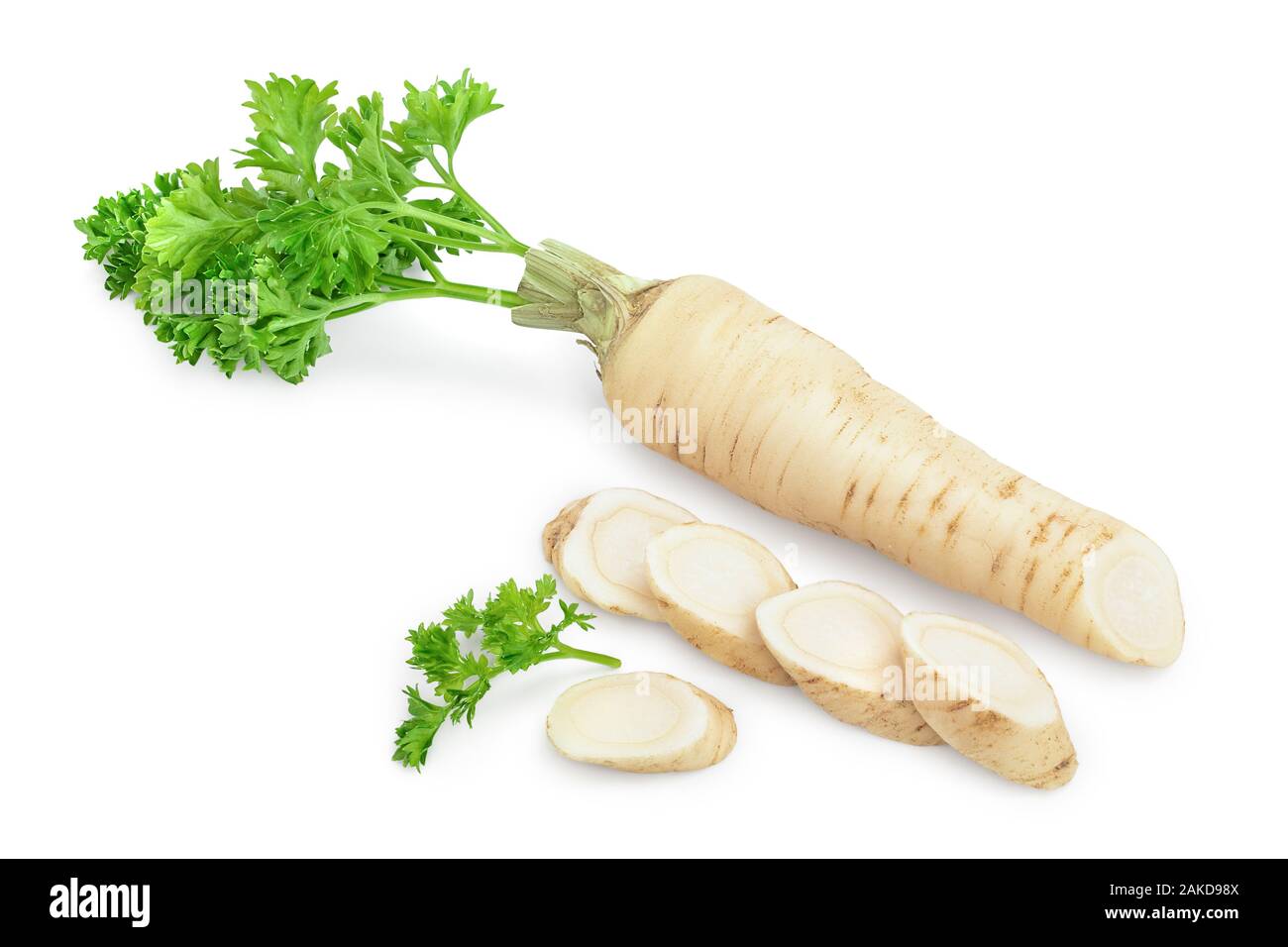 Parsley root with slices and leaves isolated on white background Stock