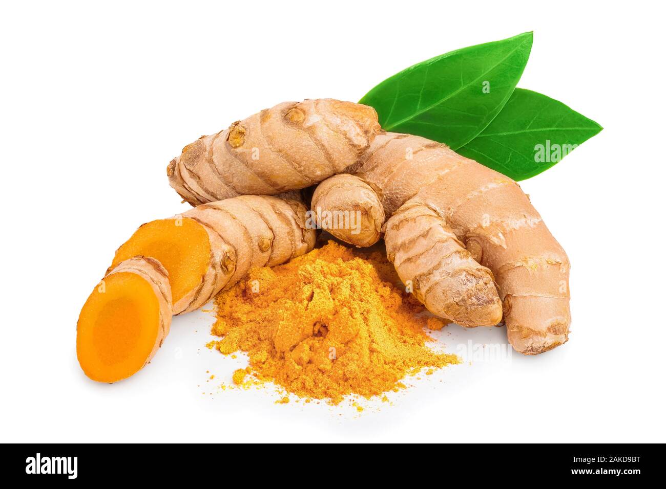 turmeric root and powder isolated on white background close up Stock