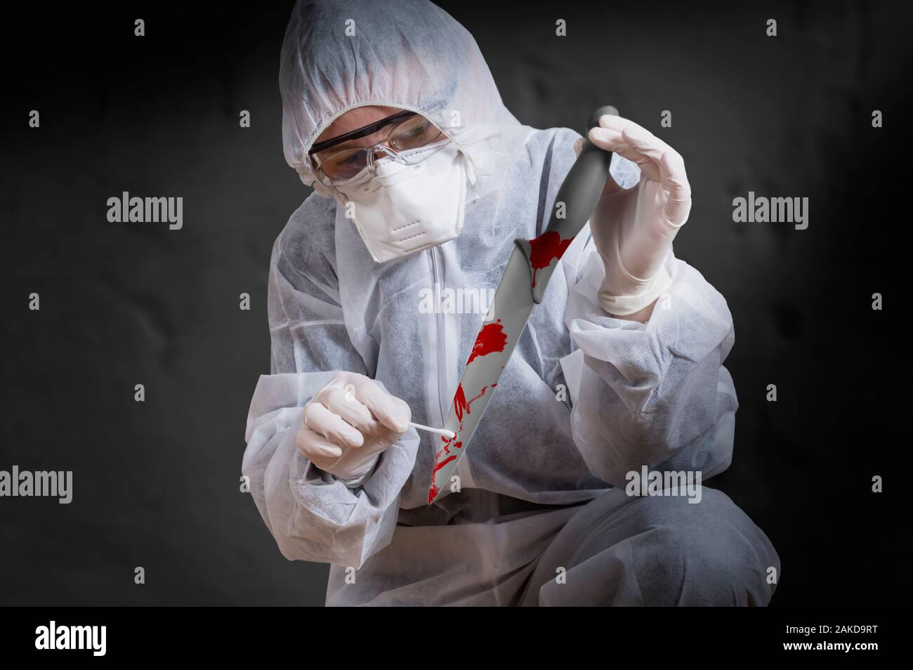 Crime scene investigation, taking DNA sample from blood stain with cotton swab on murder crime scene. Stock Photo
