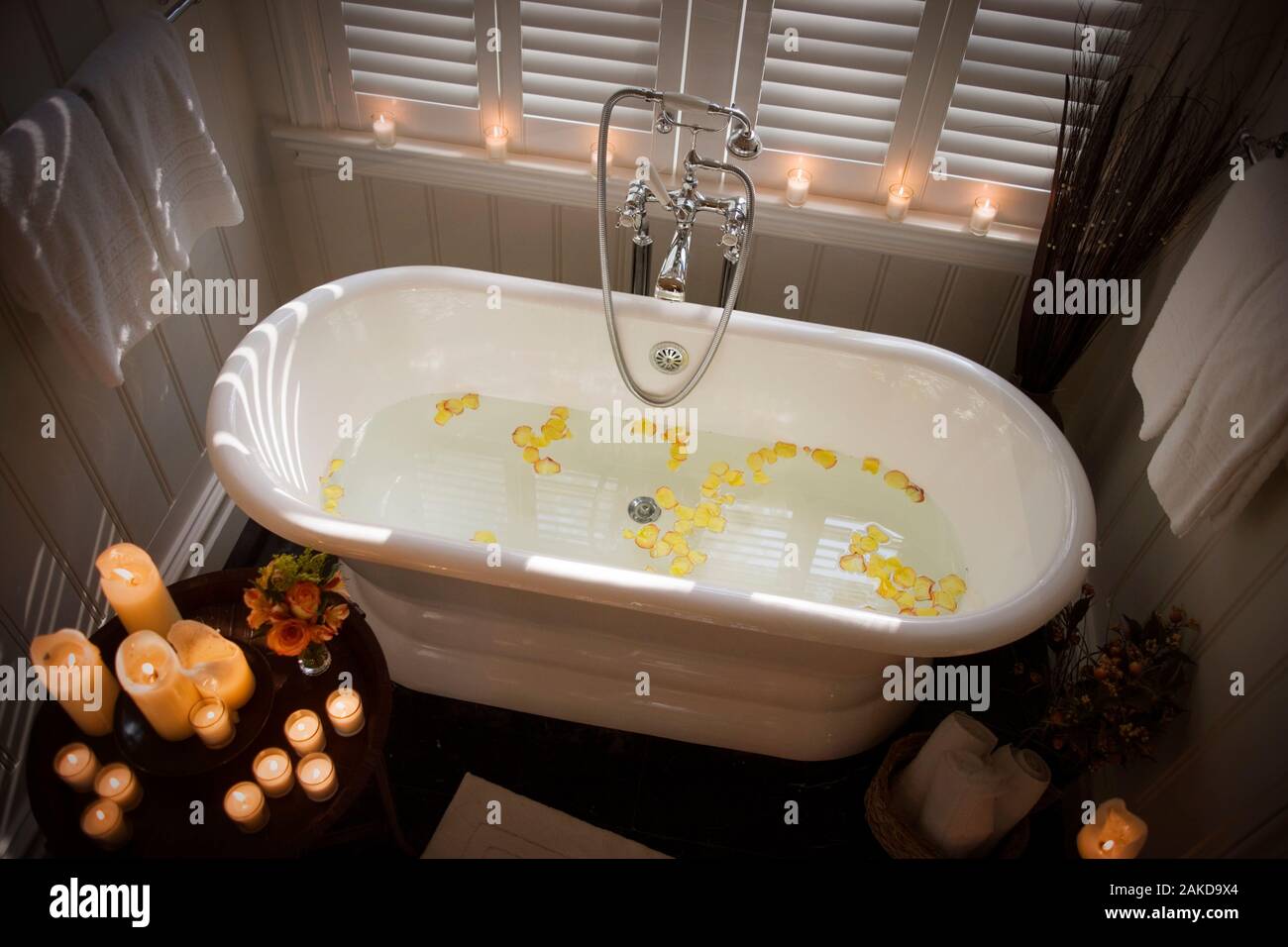 Rose petals scattered in a bath tub filled with water and surrounded by