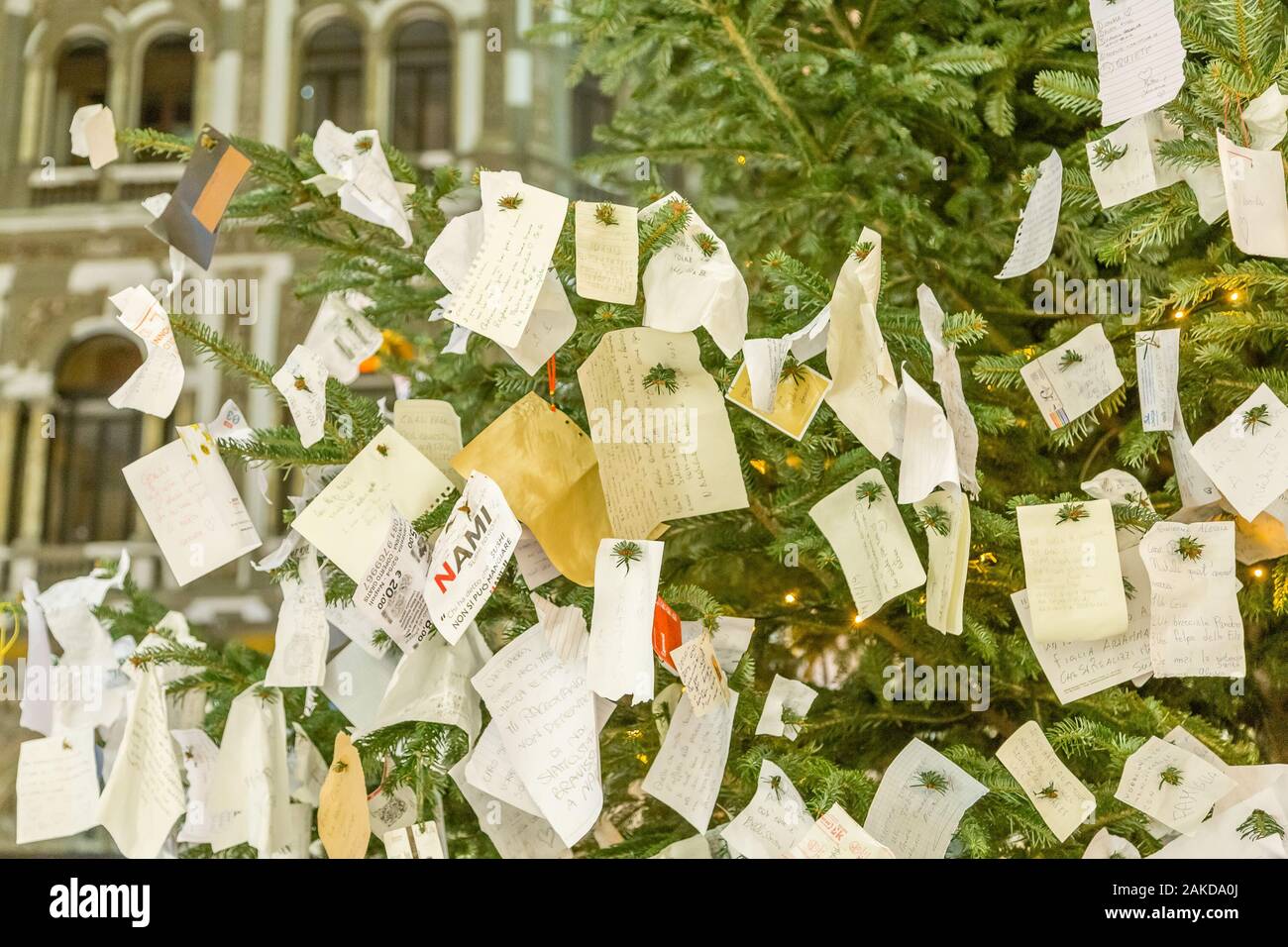 NAPLES, ITALY JANUARY 2, 2020 wishes hanging from branches of