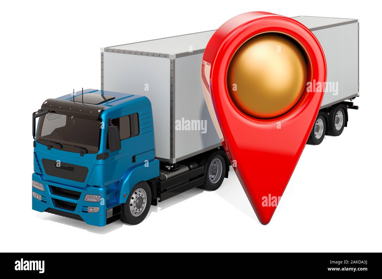Map pointer with truck, 3D rendering isolated on white background Stock ...