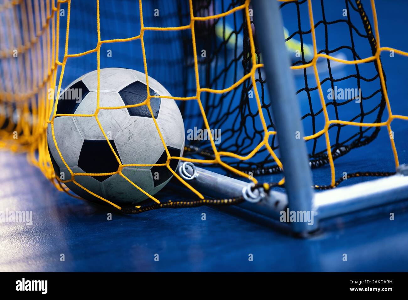 Indoor Soccer Futsal Ball On Goal With Net And Blue Background Indoor Football Background Stock Photo Alamy