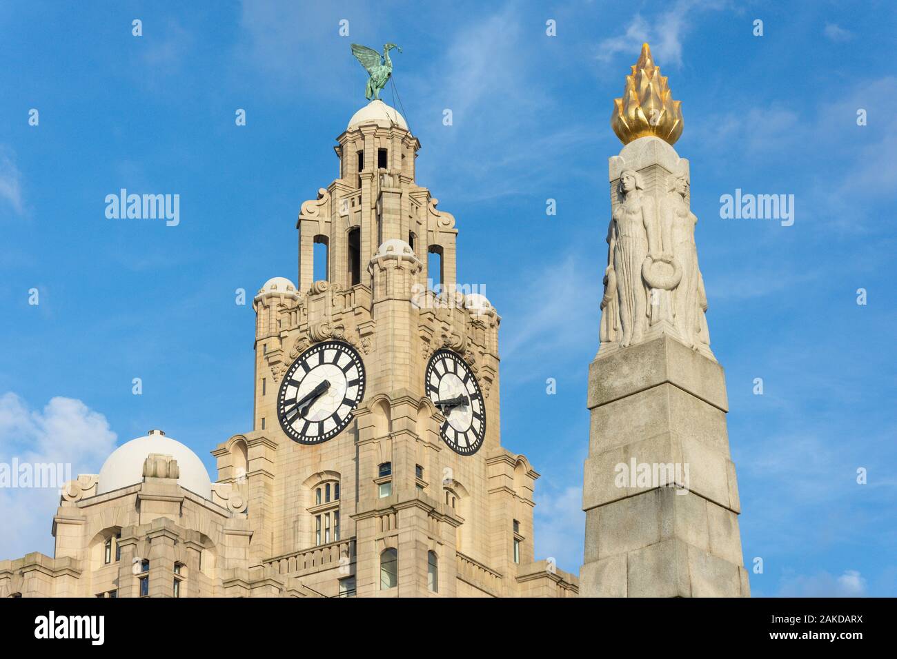 Royal Liver Building and RMS Titanic Memorial, Liverpool Pier Head, Liverpool, Merseyside, England, United Kingdom Stock Photo