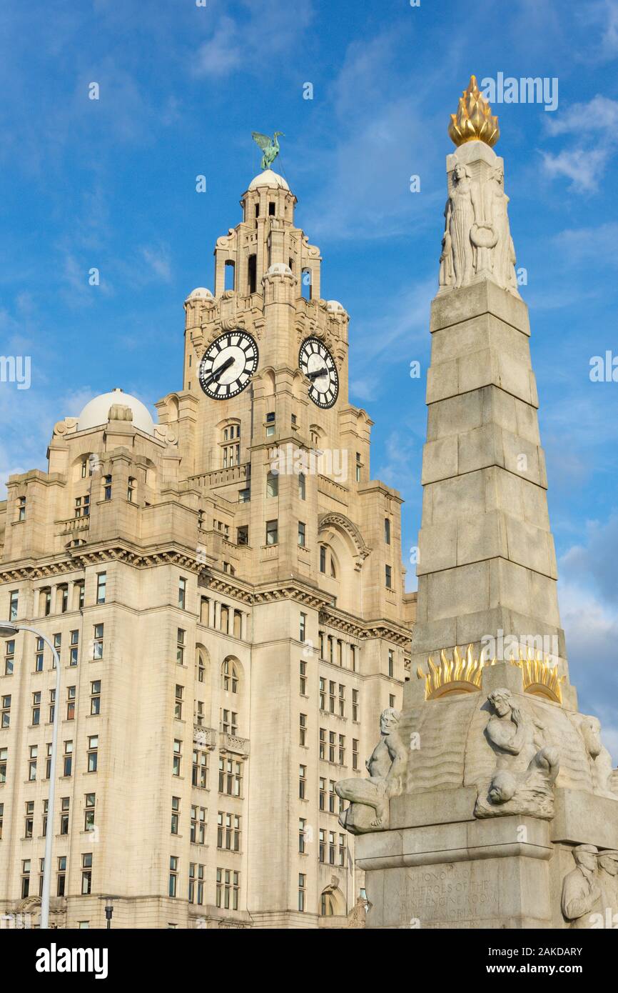 Royal Liver Building and RMS Titanic memorial, Liverpool Pier Head, Liverpool, Merseyside, England, United Kingdom Stock Photo