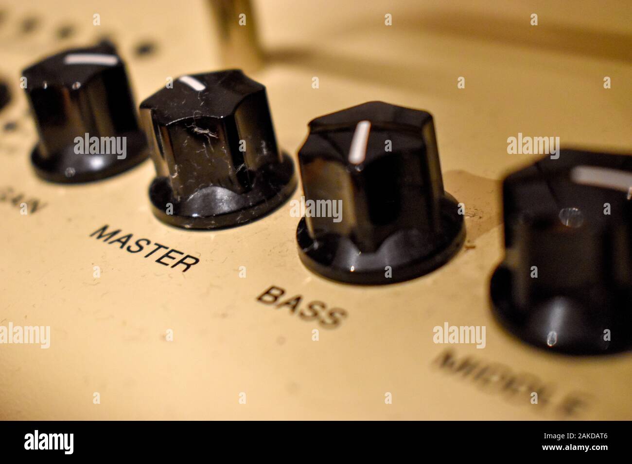 Close up of control knobs on an amp or amplifier for electric and bass guitars Stock Photo Alamy