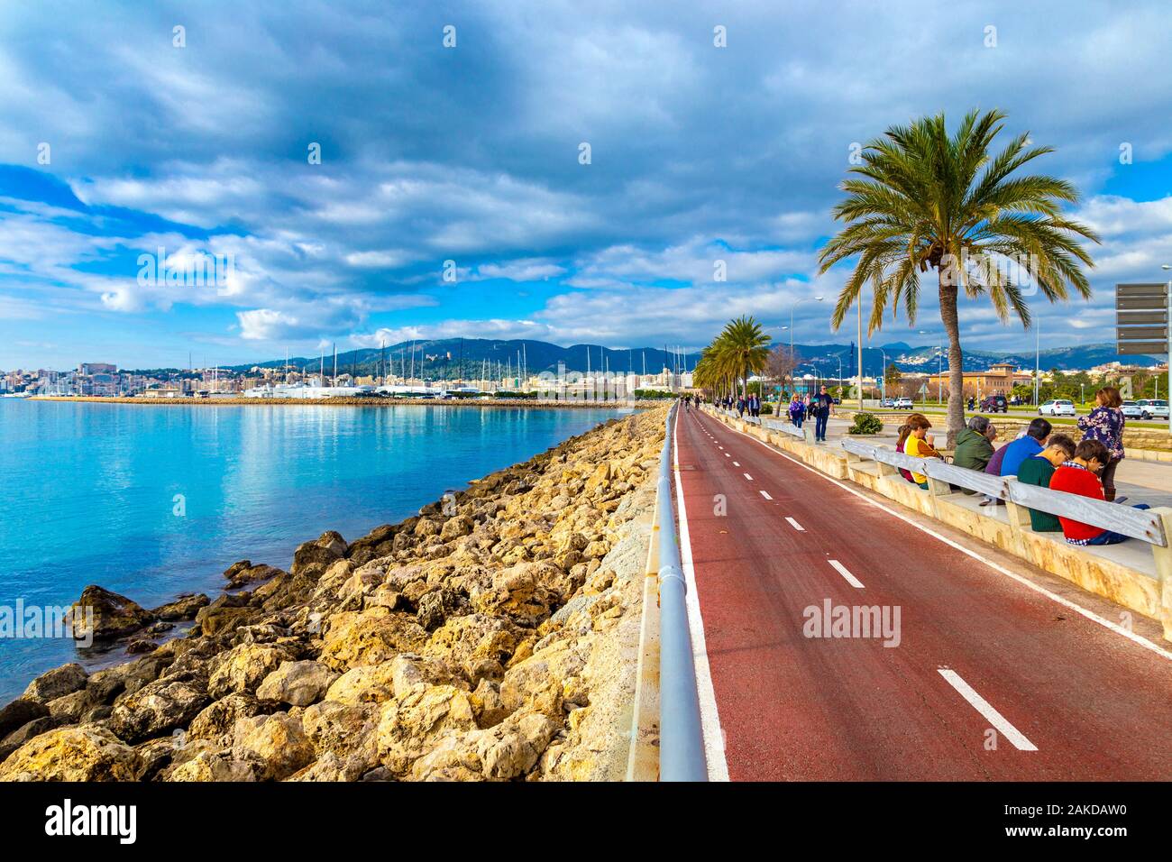 Cycling highway along the coast in El Molinar suburb of Palma, Mallorca, Spain Stock Photo
