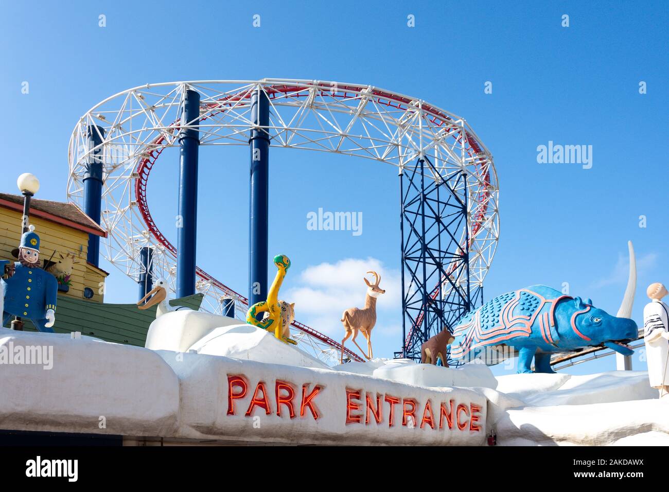 Entrance to Pleasure Beach and roller coaster, Ocean Boulevard, Promenade, Blackpool, Lancashire, England, United Kingdom Stock Photo