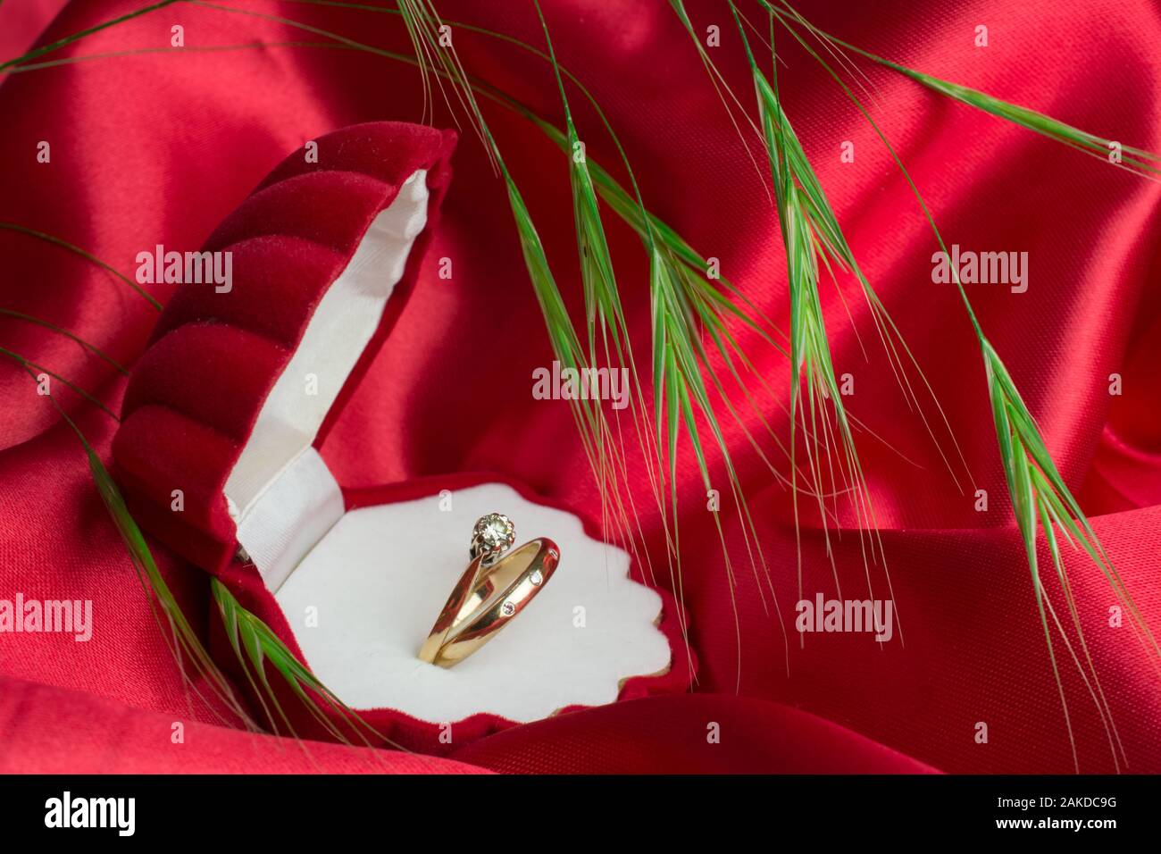 gold ring in box on red black backgroung Stock Photo - Alamy