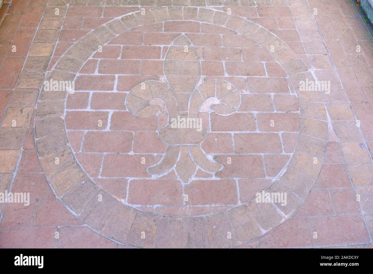 Fleur-de-Lis symbol. ground tiles at Farnese Aviaries, Farnese Gardens, Palatine Hill, Palatino, Rome, Italy Stock Photo