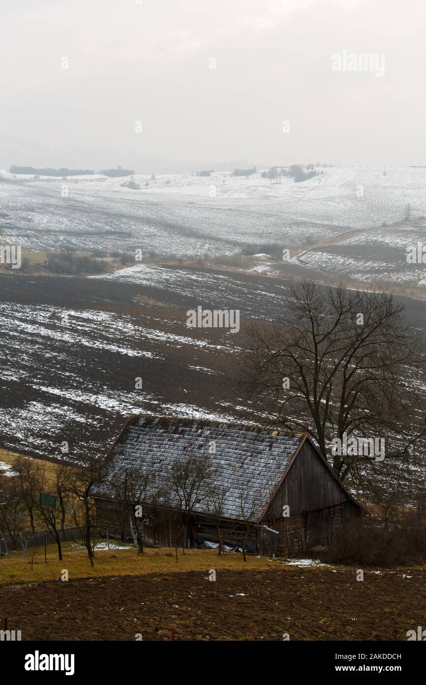 Traditional wooden barn in a village of Turiec Region in northern Slovakia in winter. Stock Photo