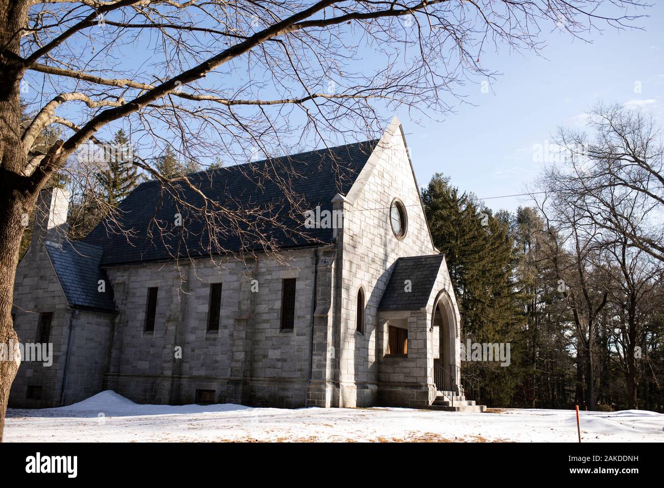 The Woodlawn Cemetery chapel on a sunny winter day in Acton, Massachusetts, USA. Stock Photo