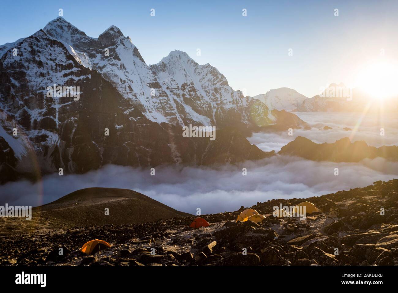 Alpine sunset in the mountains high camp on Ama Dablam, Nepal Himalaya Stock Photo