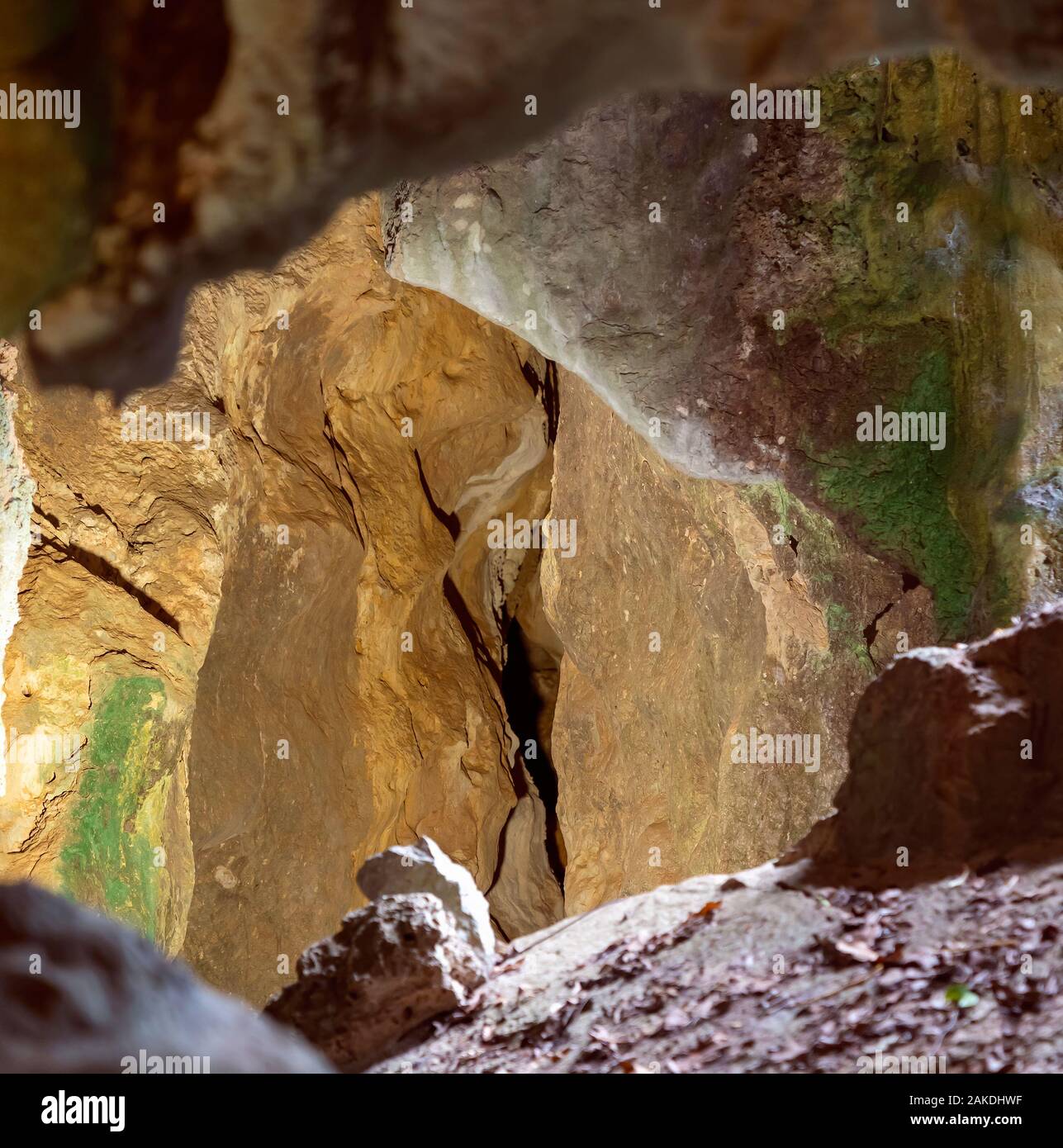 Rock formations inside deep and dark underground Capricorn Caves at