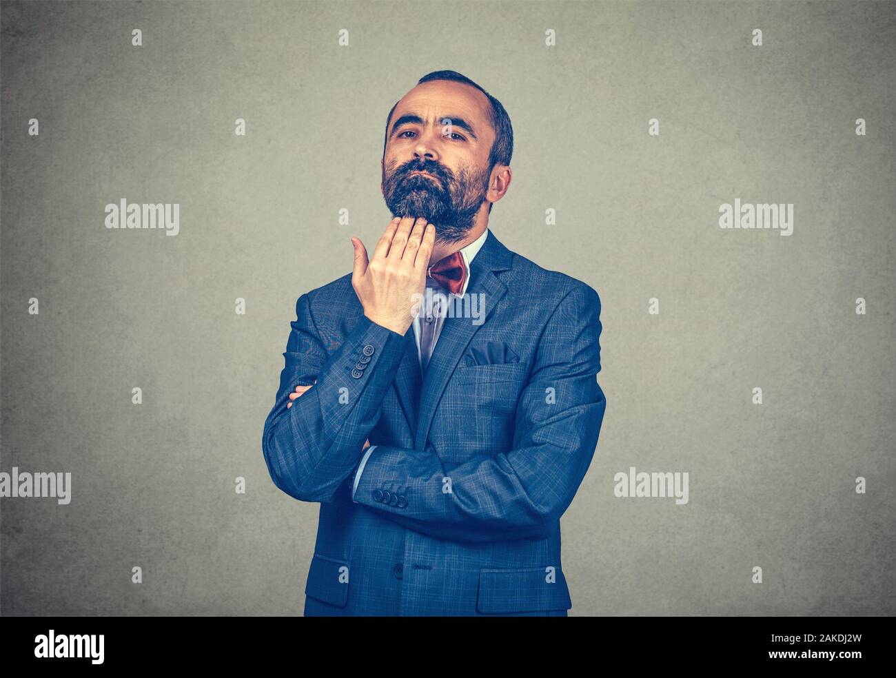 Closeup portrait of a serious bearded businessman, wearing elegant jacket with red bow tie standing crossed arms and his hand at chin showing indiffer Stock Photo