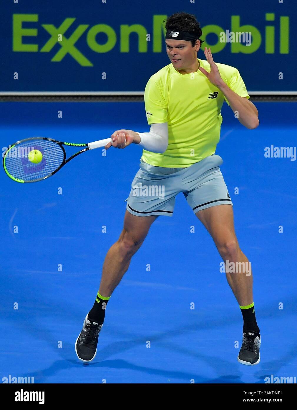 Doha, Qatar. 8th Jan, 2020. Milos Raonic of Canada returns the ball during  the second round match between Milos Raonic of of Canada and Corentin  Moutet of France at the ATP Qatar