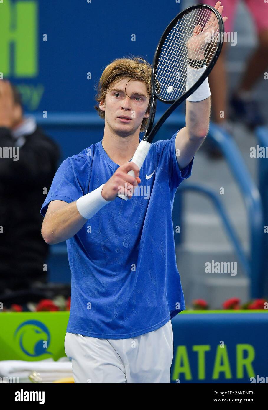 Doha, Qatar. 8th Jan, 2020. Andrey Rublev of Russia celebrates after the  singles second round match between Mikhail Kukushkin of Kazakistan and  Andrey Rublev of Russia at ATP Qatar Open tennis tournament