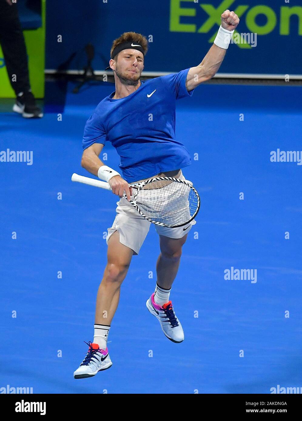Doha, Qatar. 8th Jan, 2020. Corentin Moutet of France reacts during the  second round match between Milos Raonic of Canada and Corentin Moutet of  France at the ATP Qatar Open tennis tournament