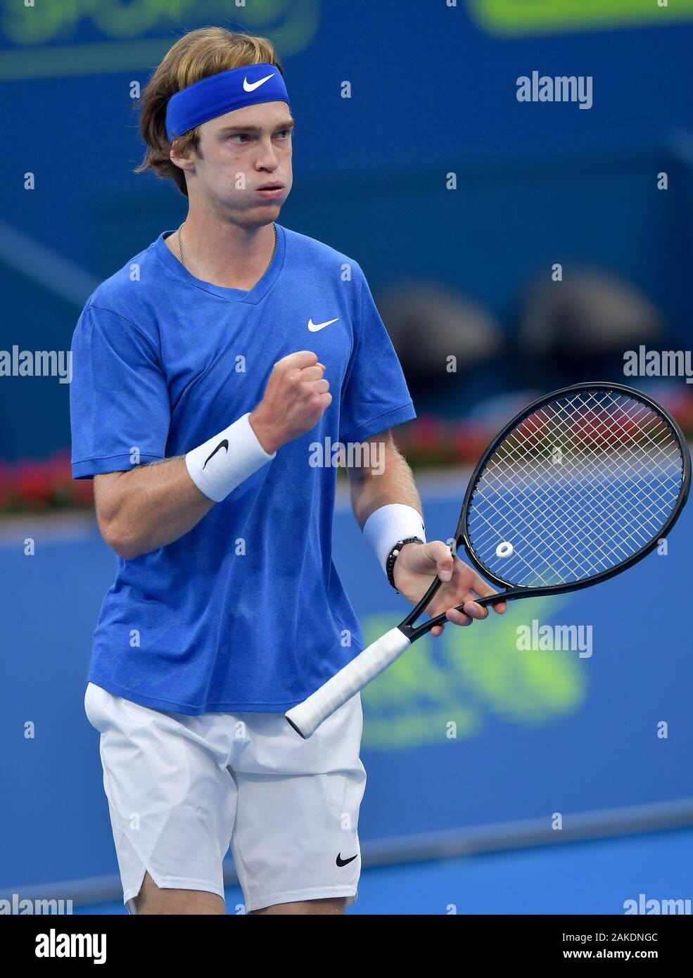 Doha, Qatar. 8th Jan, 2020. Andrey Rublev of Russia reacts during the singles second round match between Mikhail Kukushkin of Kazakistan and Andrey Rublev of Russia at ATP Qatar Open tennis tournament in Doha, capital of Qatar, Jan. 8, 2020. Credit: Nikku/Xinhua/Alamy Live News Stock Photo