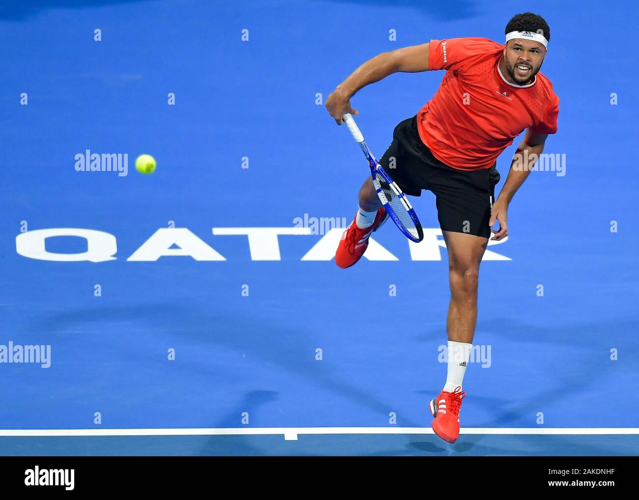 Doha, Qatar. 8th Jan, 2020. Jo-Wilfried Tsonga of France serves during the  singles second round match between Jo-Wilfried Tsonga of France and Miomir  Kecmanovic of Serbia at the ATP Qatar Open tennis