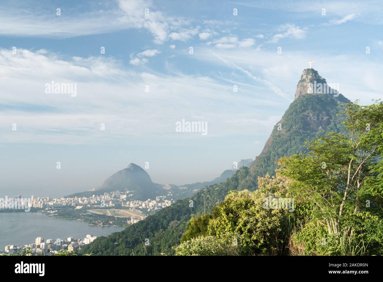 View of Corcovado Mountain and Christ the Redeemer Statue from Mirante Dona Marta, Rio de Janeiro. Stock Photo