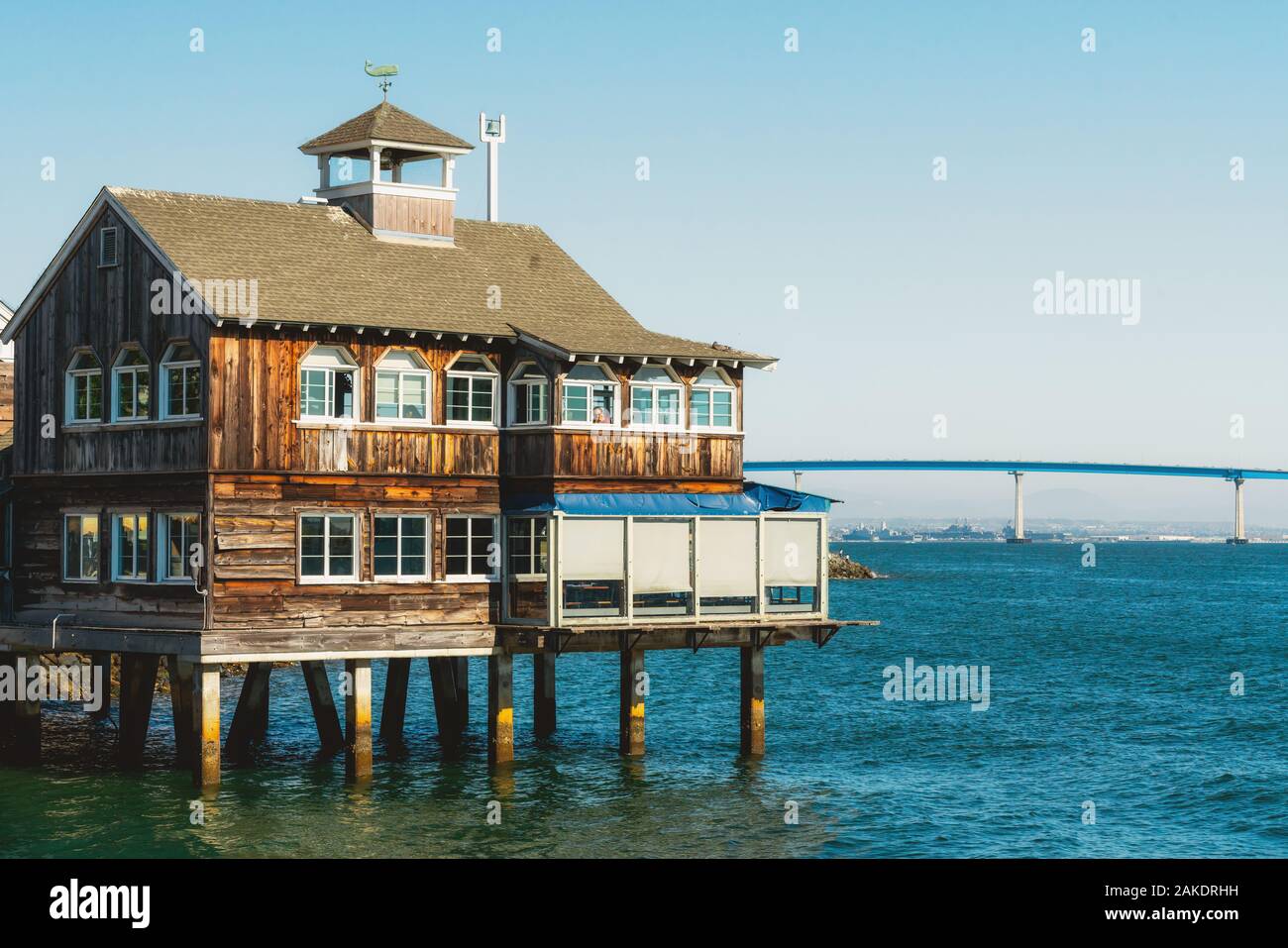San Diego, California/USA - August 14, 2019  San Diego Pier Cafe. Unique atmosphere right on the water. Cafe located in Seaport Village, Marina Distri Stock Photo