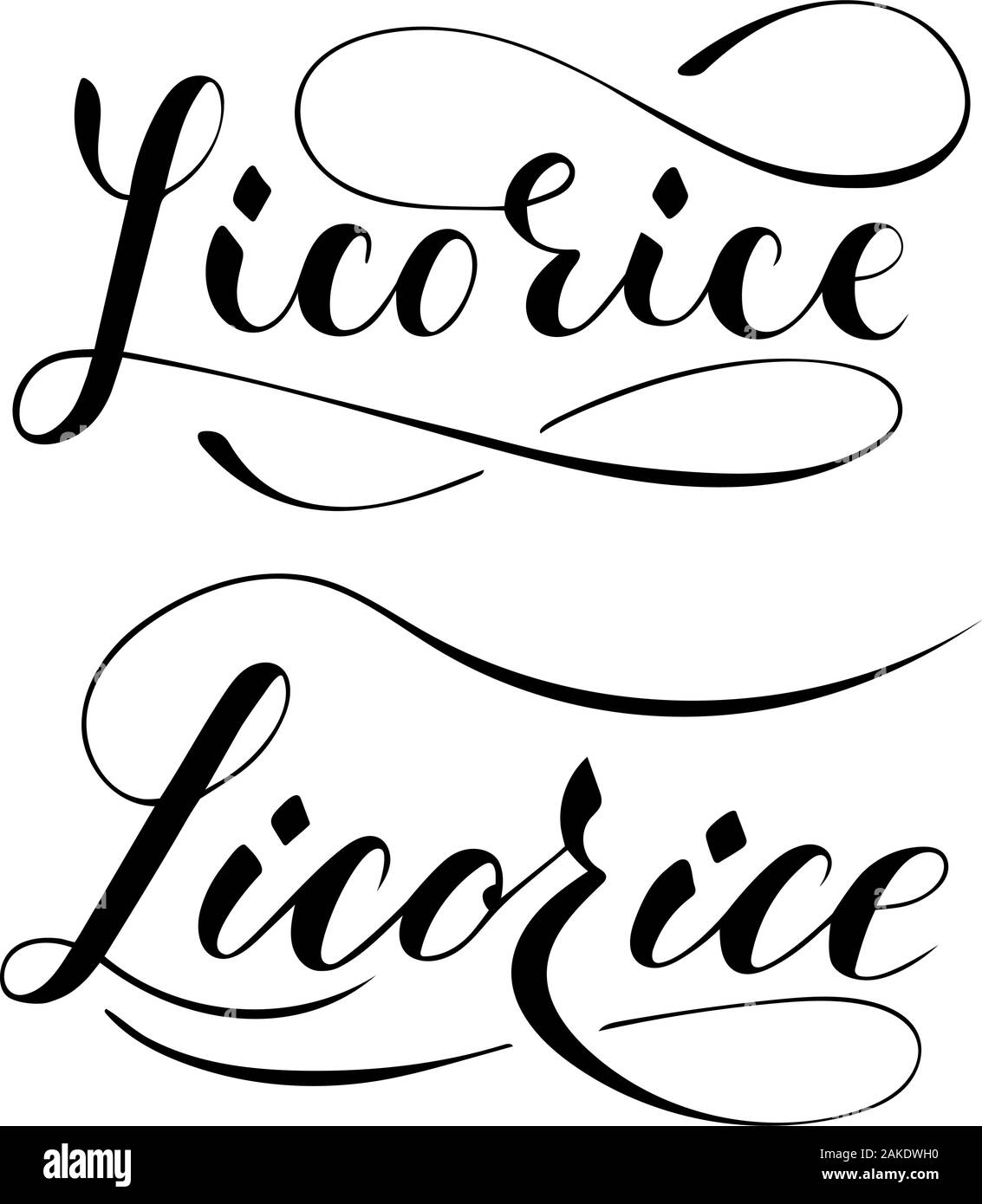 Vector hand written licorice text isolated on white background. Kitchen