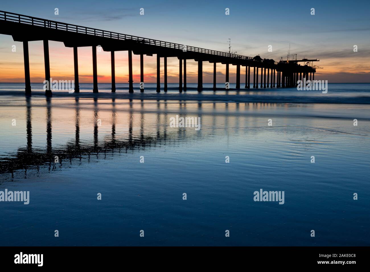 Sunset at Scripps Institute of Oceanography Pier, La Jolla Shores Beach, La Jolla, California Stock Photo