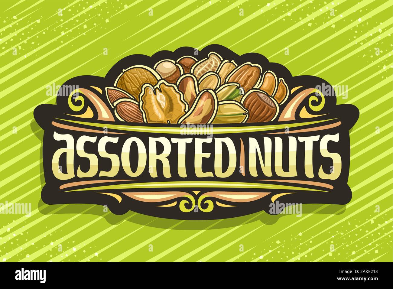 Vector logo for Assorted Nuts, black decorative sign with illustration of heap cartoon diverse nuts and flourishes, design signboard with original typ Stock Vector
