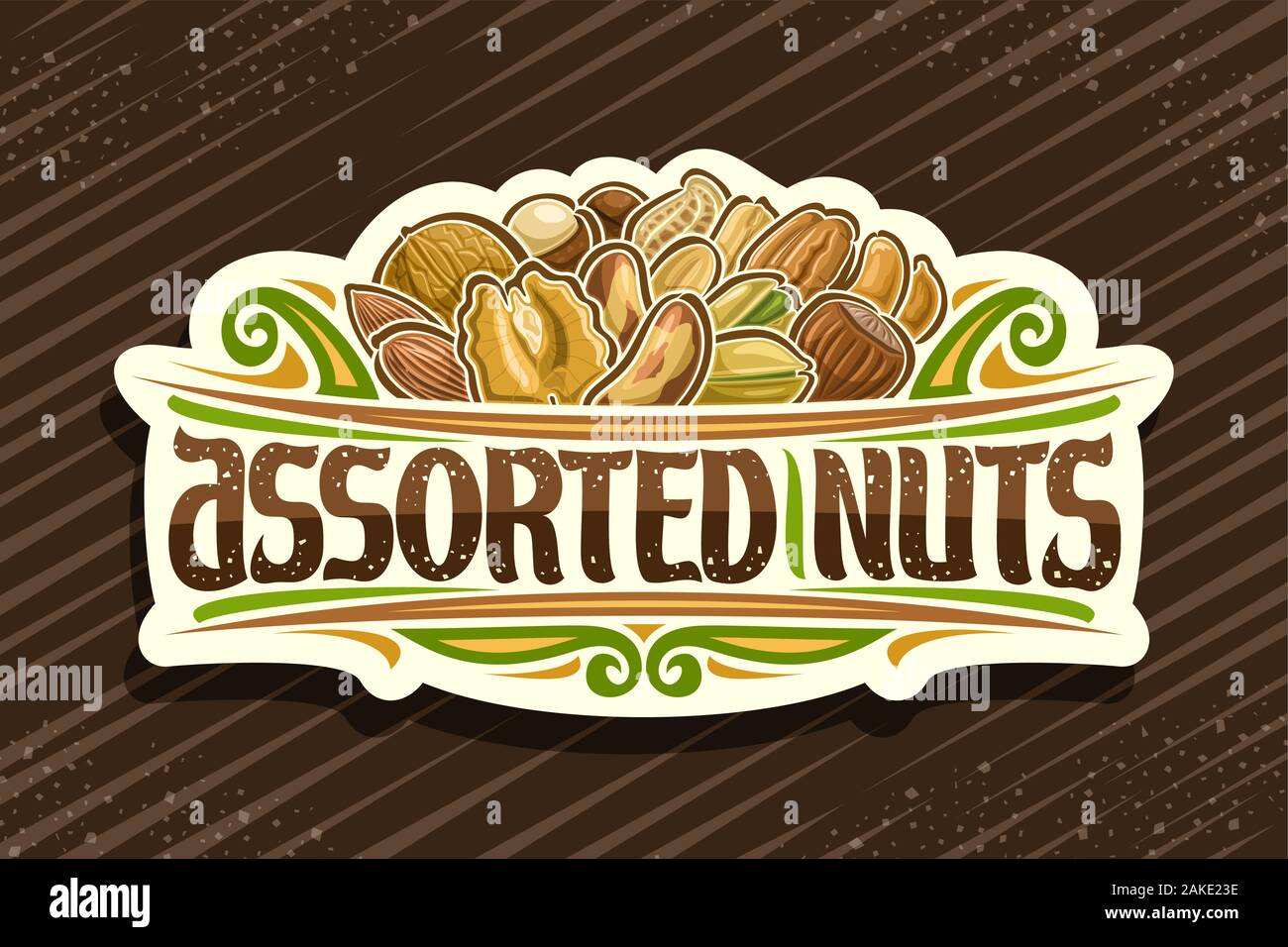 Vector logo for Assorted Nuts, decorative cut paper sign with illustration of pile raw different nuts and flourishes, design signage with original typ Stock Vector