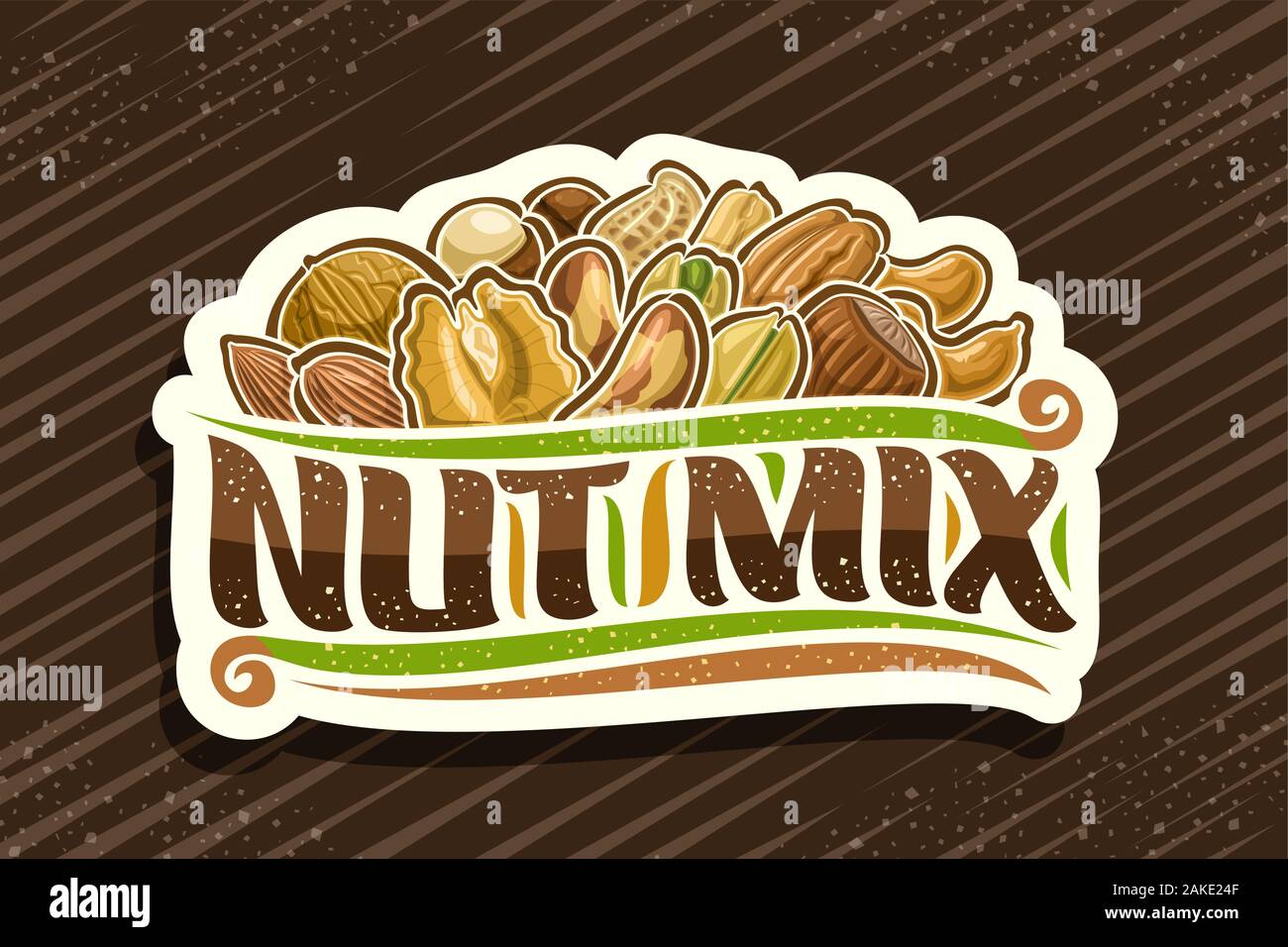 Vector logo for Nut Mix, decorative cut paper tag with illustration of heap raw variety nuts and flourishes, design concept with original brush script Stock Vector