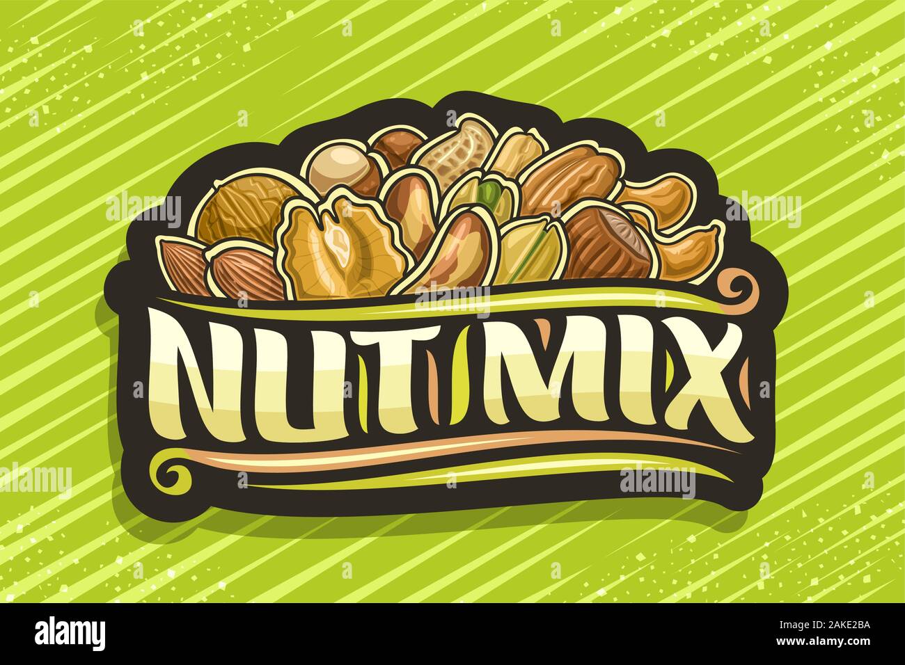 Vector logo for Nut Mix, black decorative tag with illustration of pile cartoon various nuts and flourishes, design concept with original brush script Stock Vector