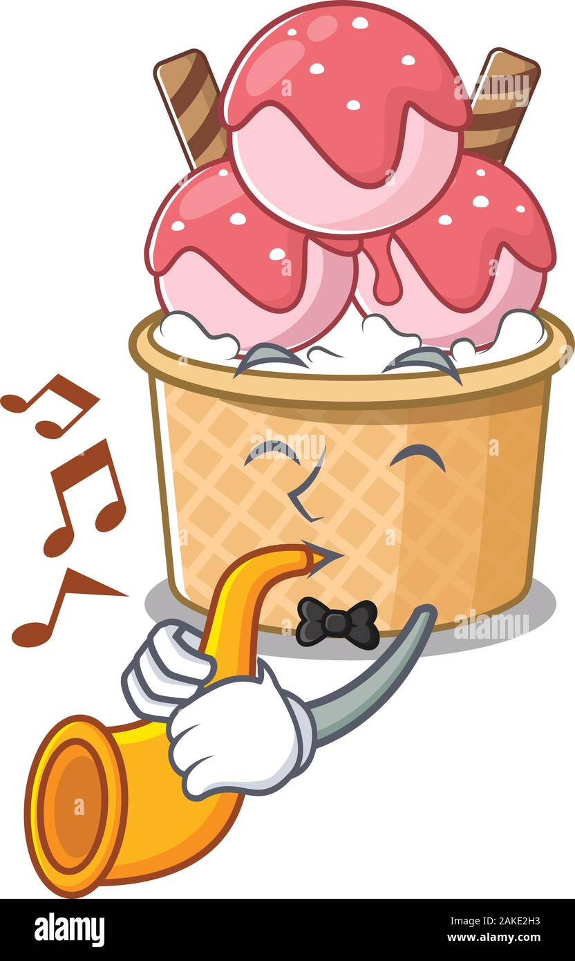 cartoon character style of ice cream sundae performance with trumpet Stock Vector