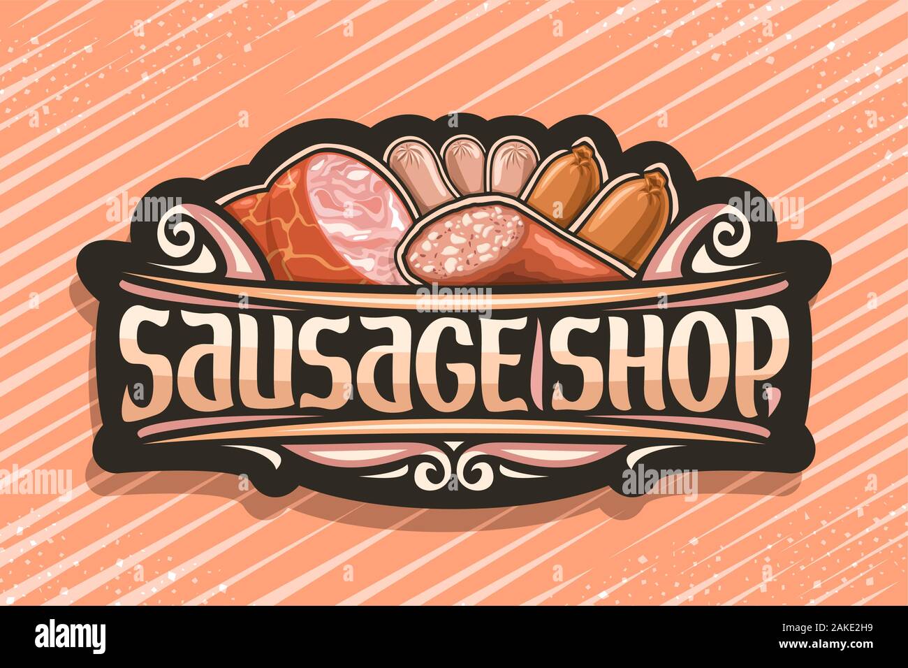 Vector signage for Sausage Shop, black vintage label with illustration of many assorted fresh sausages and decorative flourishes, brush typeface for w Stock Vector