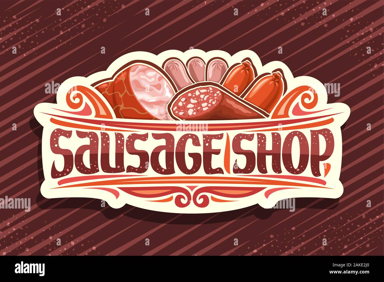 Vector signage for Sausage Shop, vintage cut paper label with illustration of many assorted raw sausages and decorative flourishes, brush typeface for Stock Vector