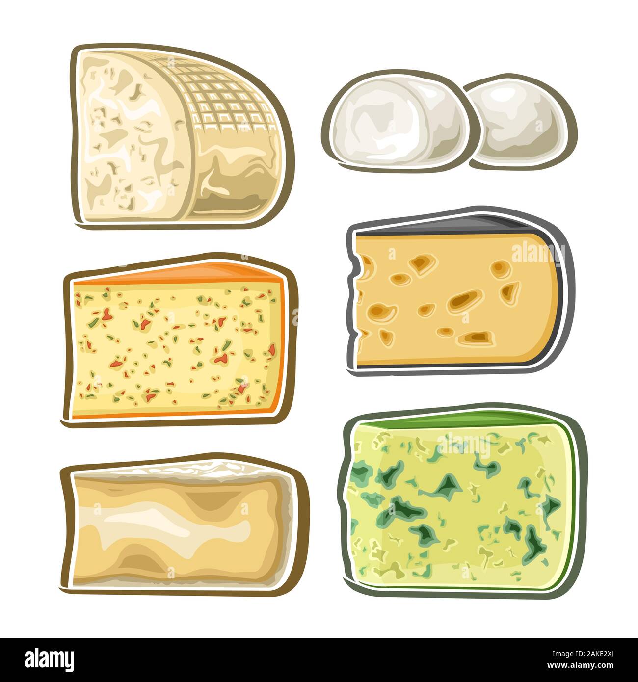 Vector set of fresh Cheese, collection of 6 cut out illustration of diverse mix cheeses on white background. Stock Vector