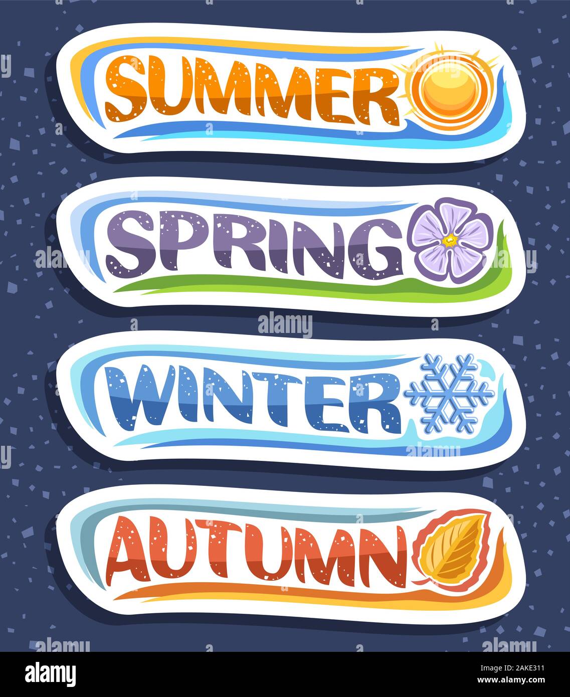 Vector set for Four Seasons, 4 cut out horizontal seasonal signs with brush typeface, summer with warm sun, winter with blue snow flake, spring with f Stock Vector