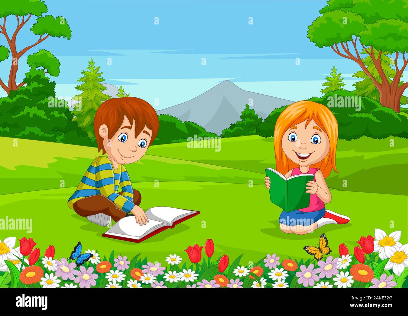 Cartoon boy and girl reading books in the park Stock Vector