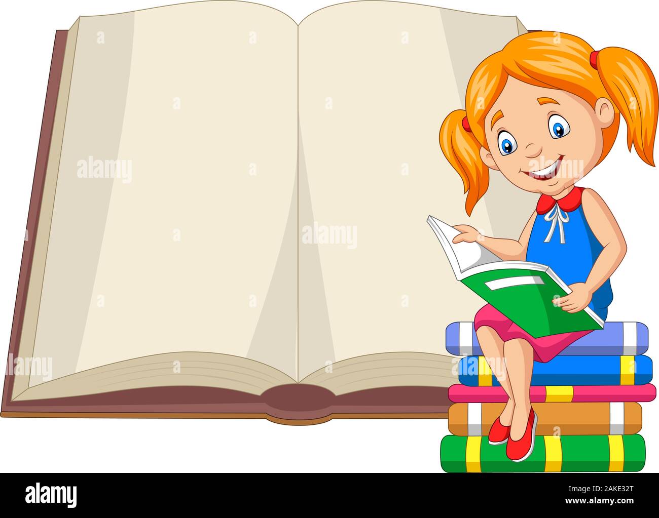 Little girl reading books sitting on pile of books Stock Vector Image ...