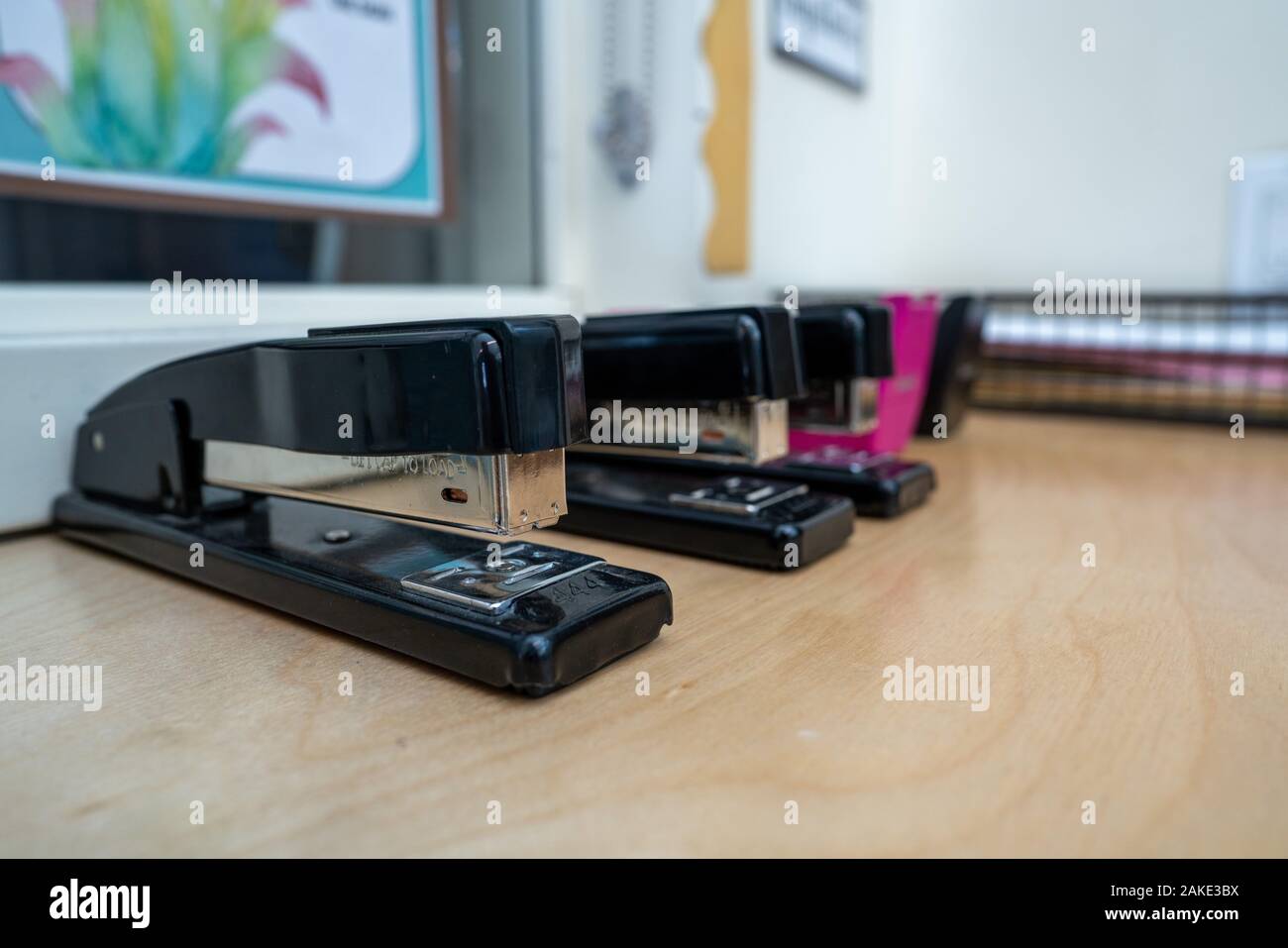Row of black staplers and tape dispensers sitting on table in office environment Stock Photo