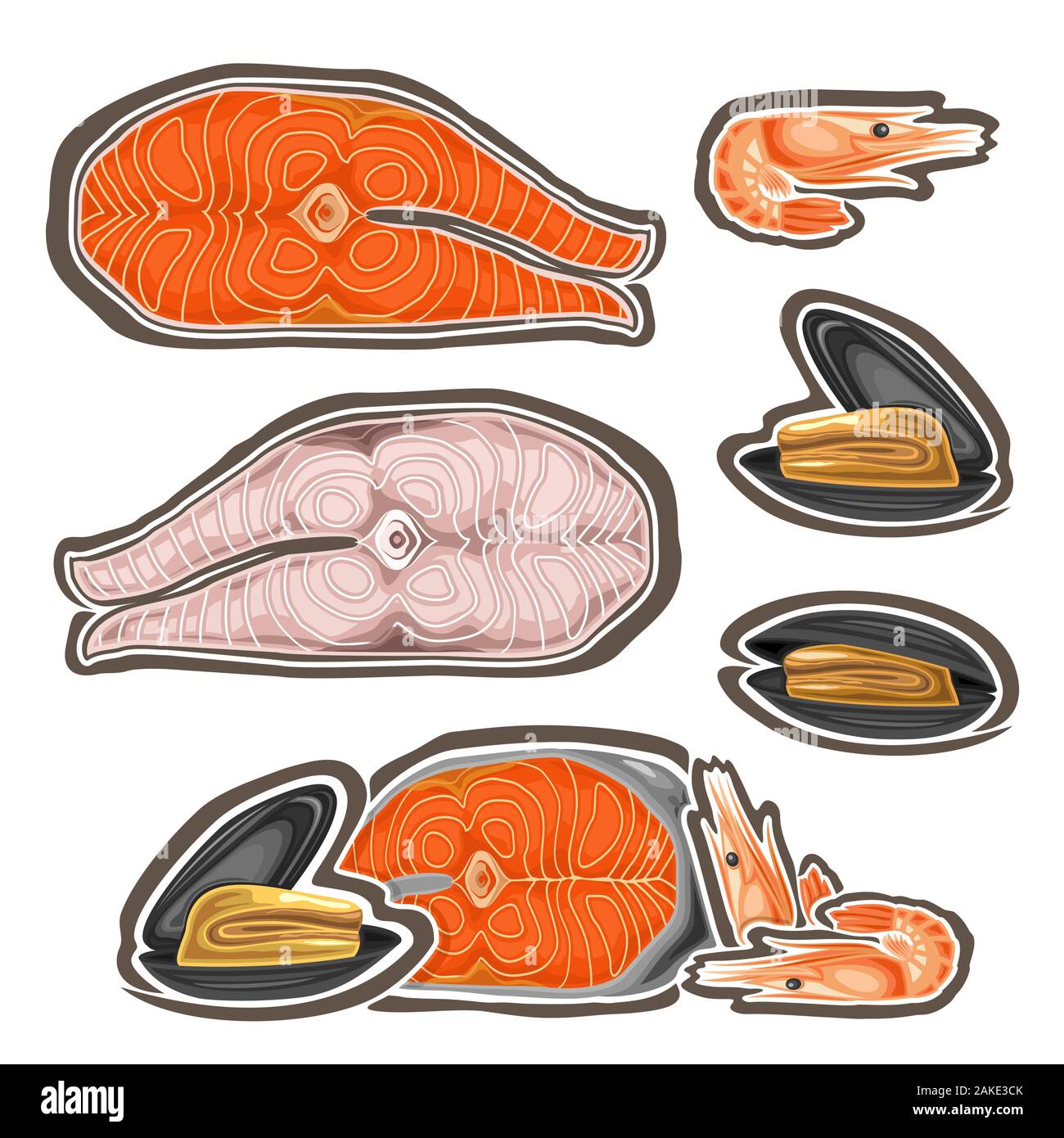 Vector Set of Fresh Seafood, collection of cut out illustrations of pieces assorted steamed fish, boiled shrimps and group of open mussels, Mediterran Stock Vector