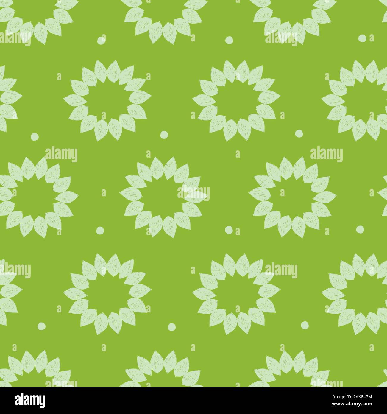 Vector green monochrome sunflower petal sketch repeat pattern. Suitable for textile, gift wrap, and wallpaper. Stock Vector