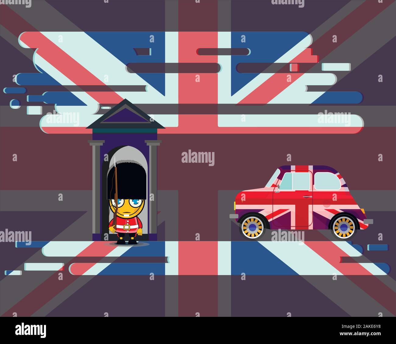 Old English car with the flag of Great Britain. Guard of the Queen of England against the backdrop of the flag of Great Britain. Stock Vector