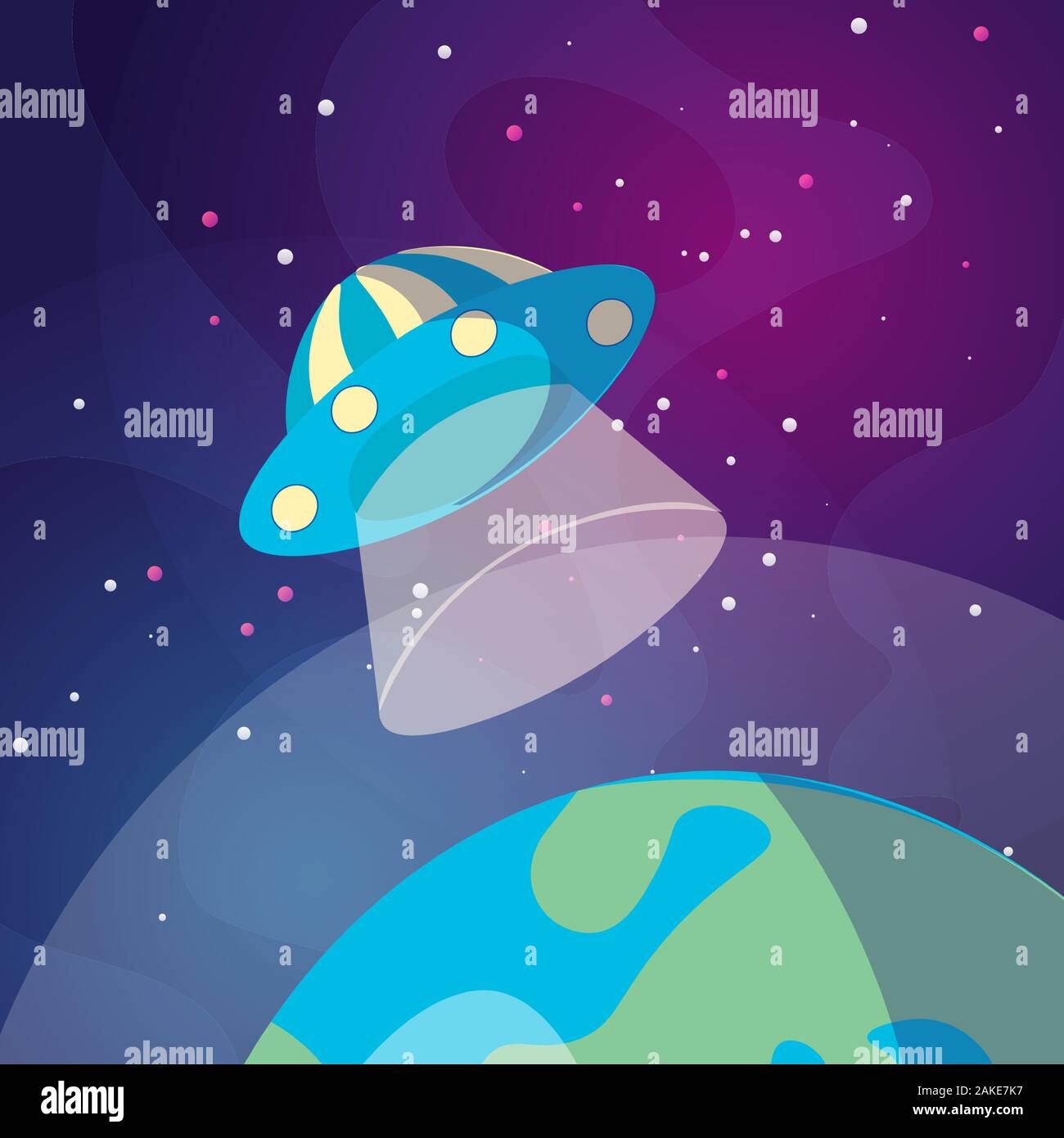 Cute cartoon illustration of UFO space ship landing on the Earth or Exo planet. Illustration of Flying saucer on deep space background. Landing on a Stock Vector
