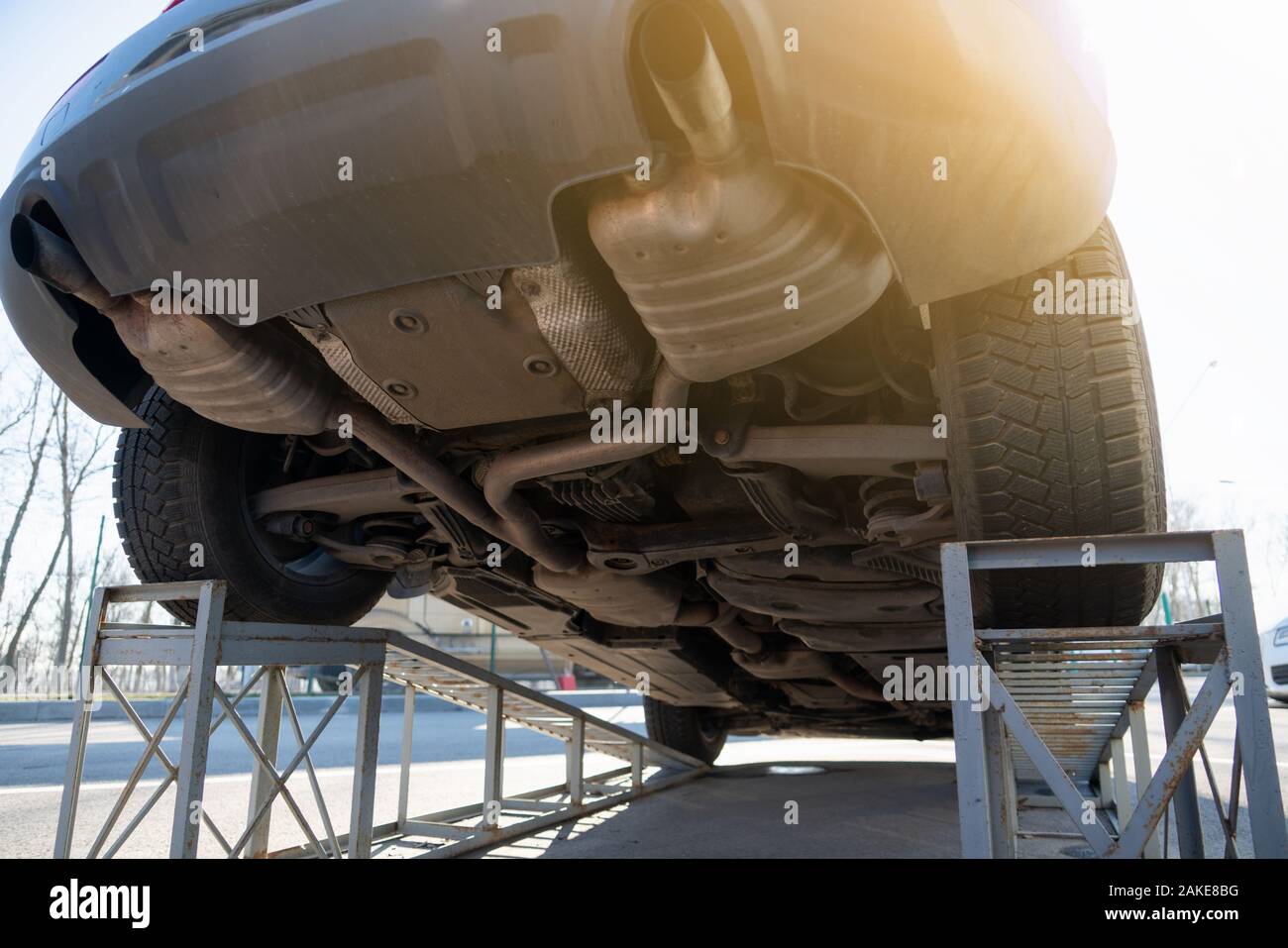 SUV car bottom view. Transmission and suspension Stock Photo